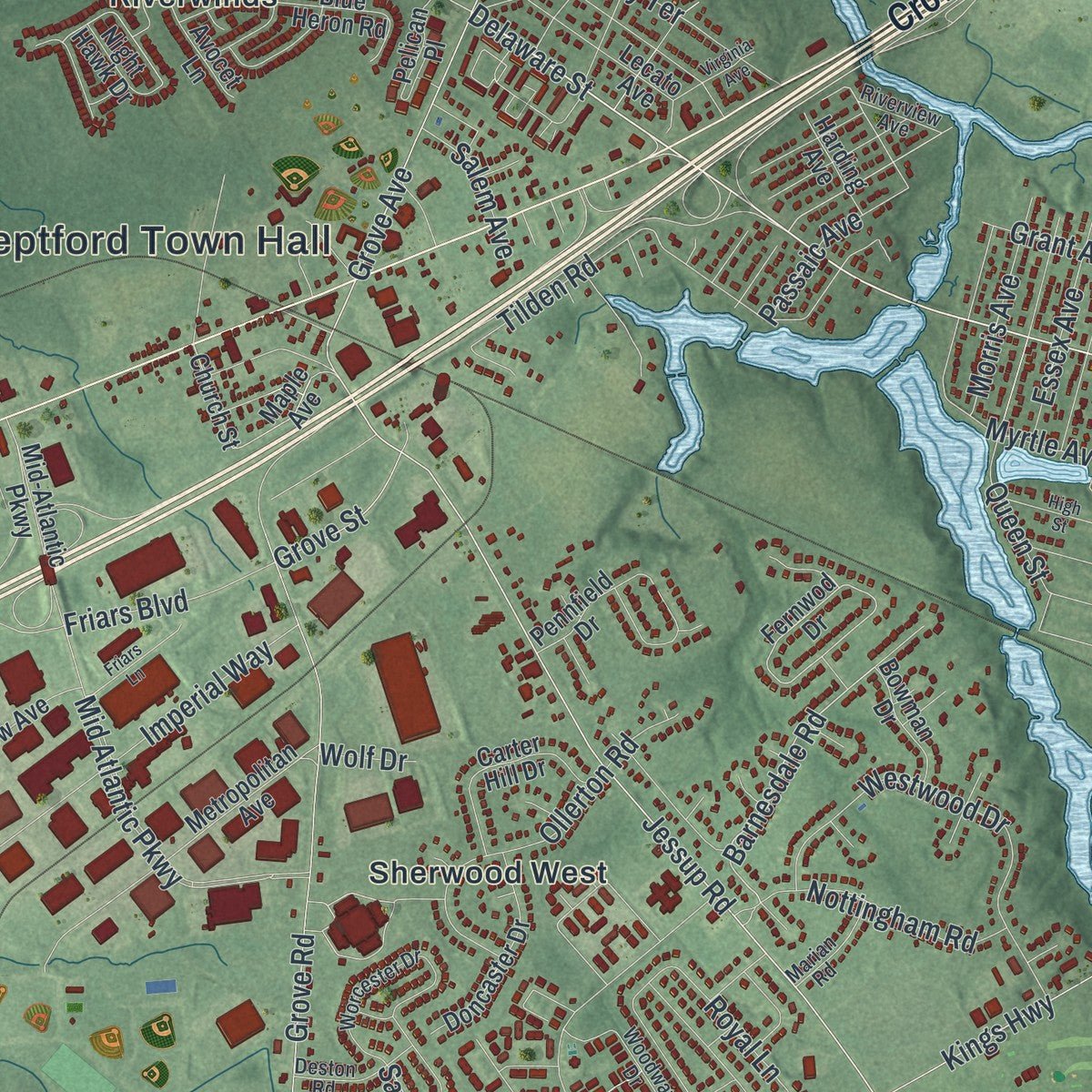 Close-up of the map of West Deptford, New Jersey print showing street and building detail