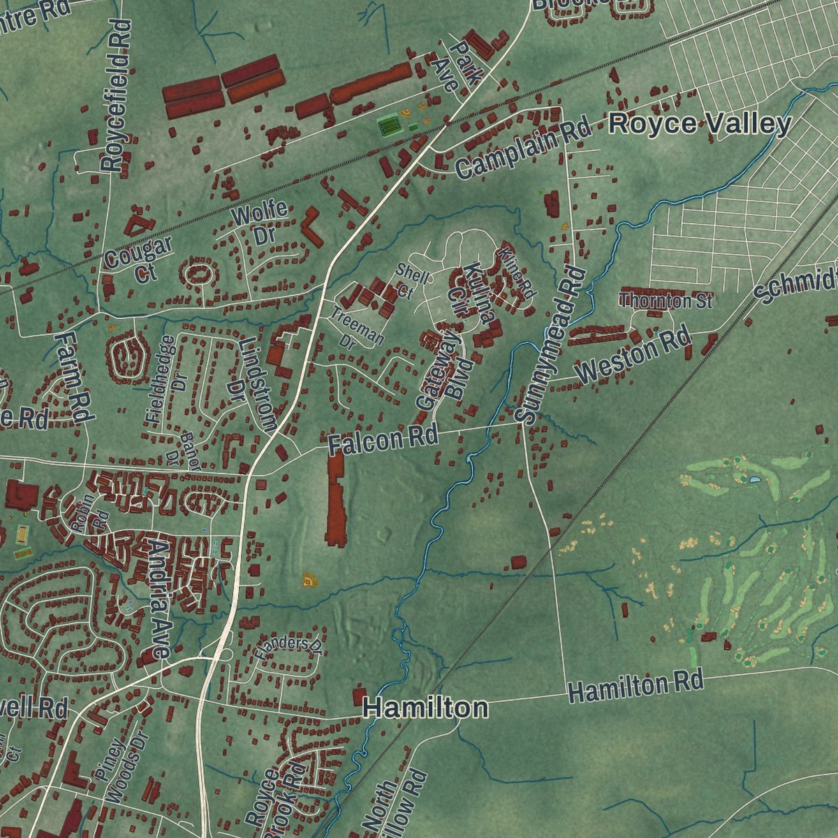 Close-up of the map of Hillsborough, New Jersey print showing street and building detail