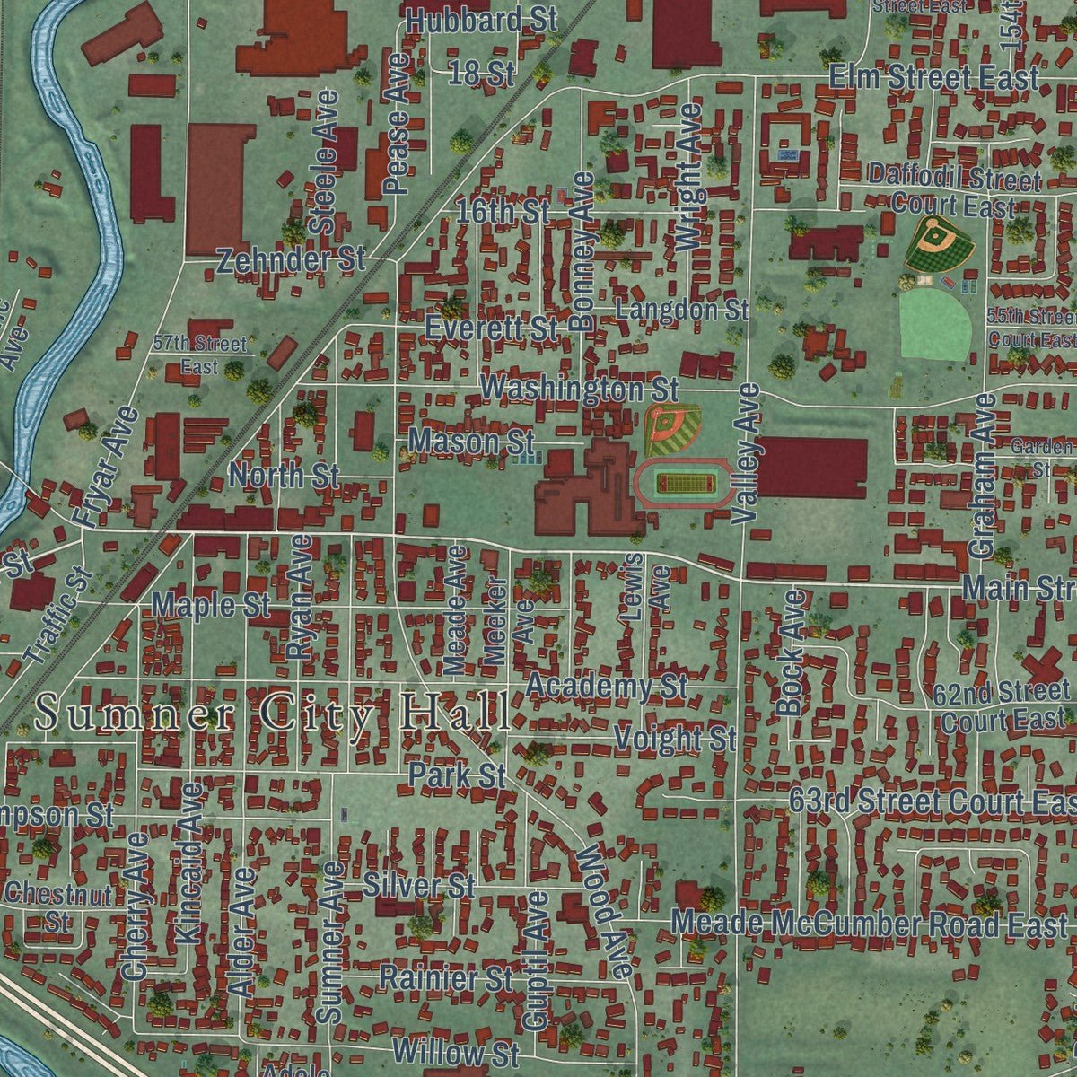 Close-up of the map of Sumner, Washington print showing street and building detail