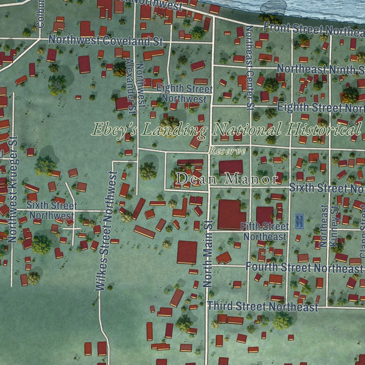 Close-up of the map of Coupeville, Washington print showing street and building detail