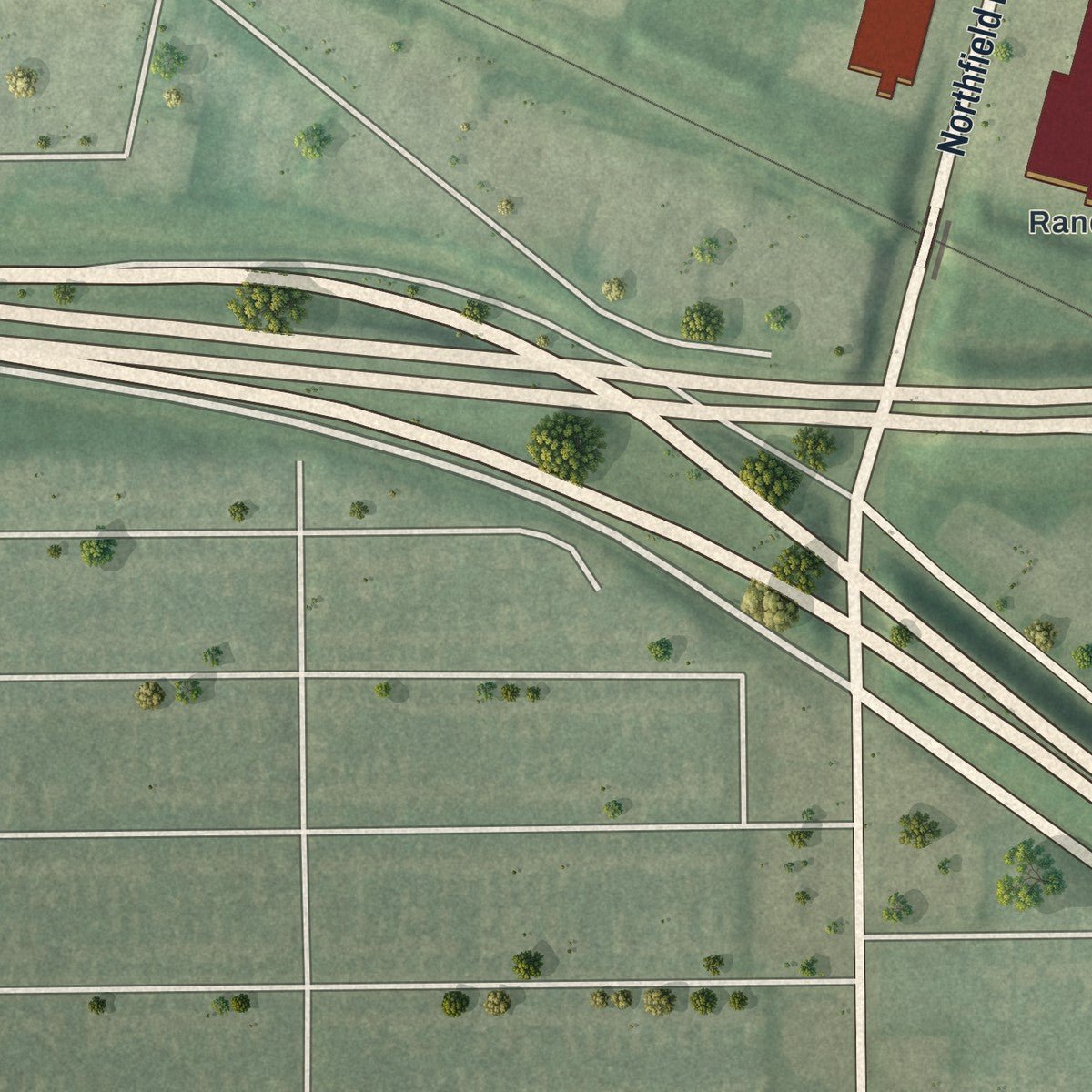 Close-up of the map of North Randall, Ohio print showing street and building detail