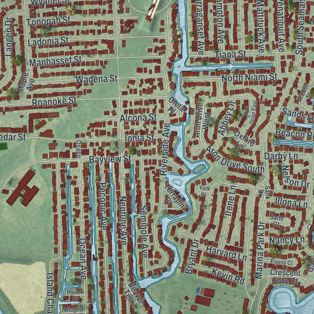Close-up of the map of Seaford, New York print showing street and building detail