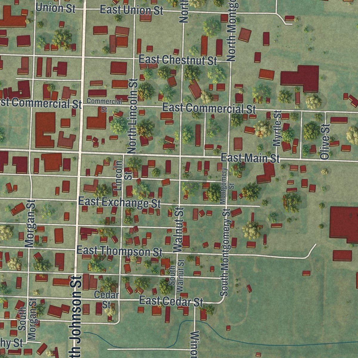 Close-up of the map of Kahoka, Missouri print showing street and building detail