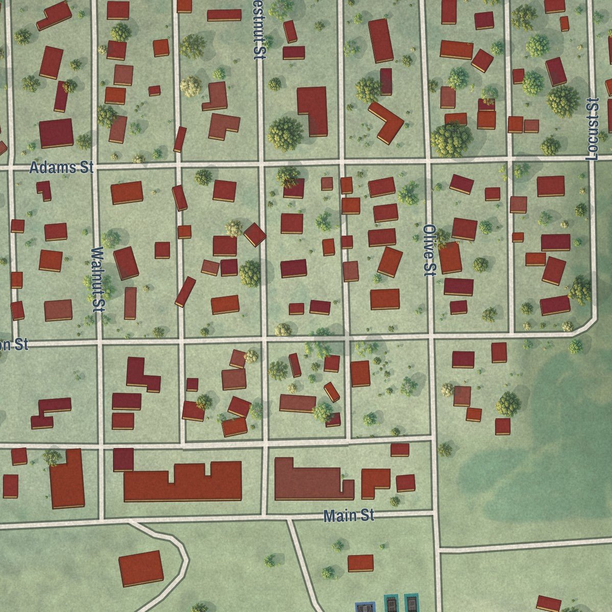 Close-up of the map of Varna, Illinois print showing street and building detail