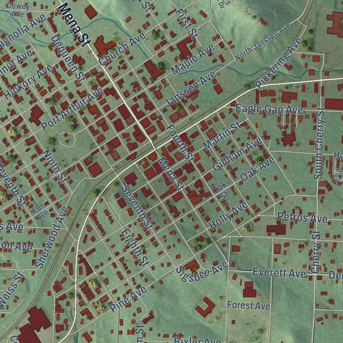 Close-up of the map of Mena, Arkansas print showing street and building detail