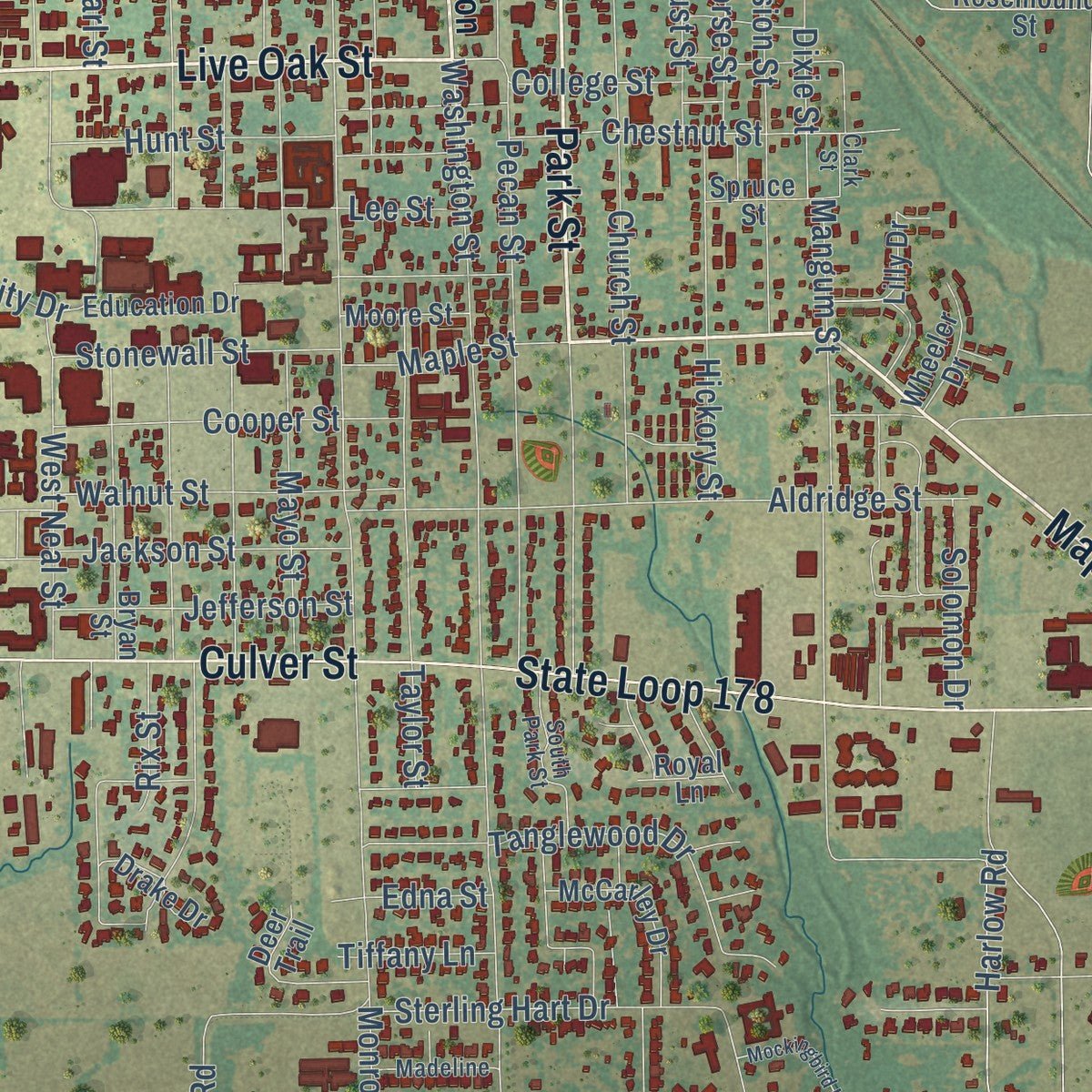 Close-up of the map of Commerce, Texas print showing street and building detail