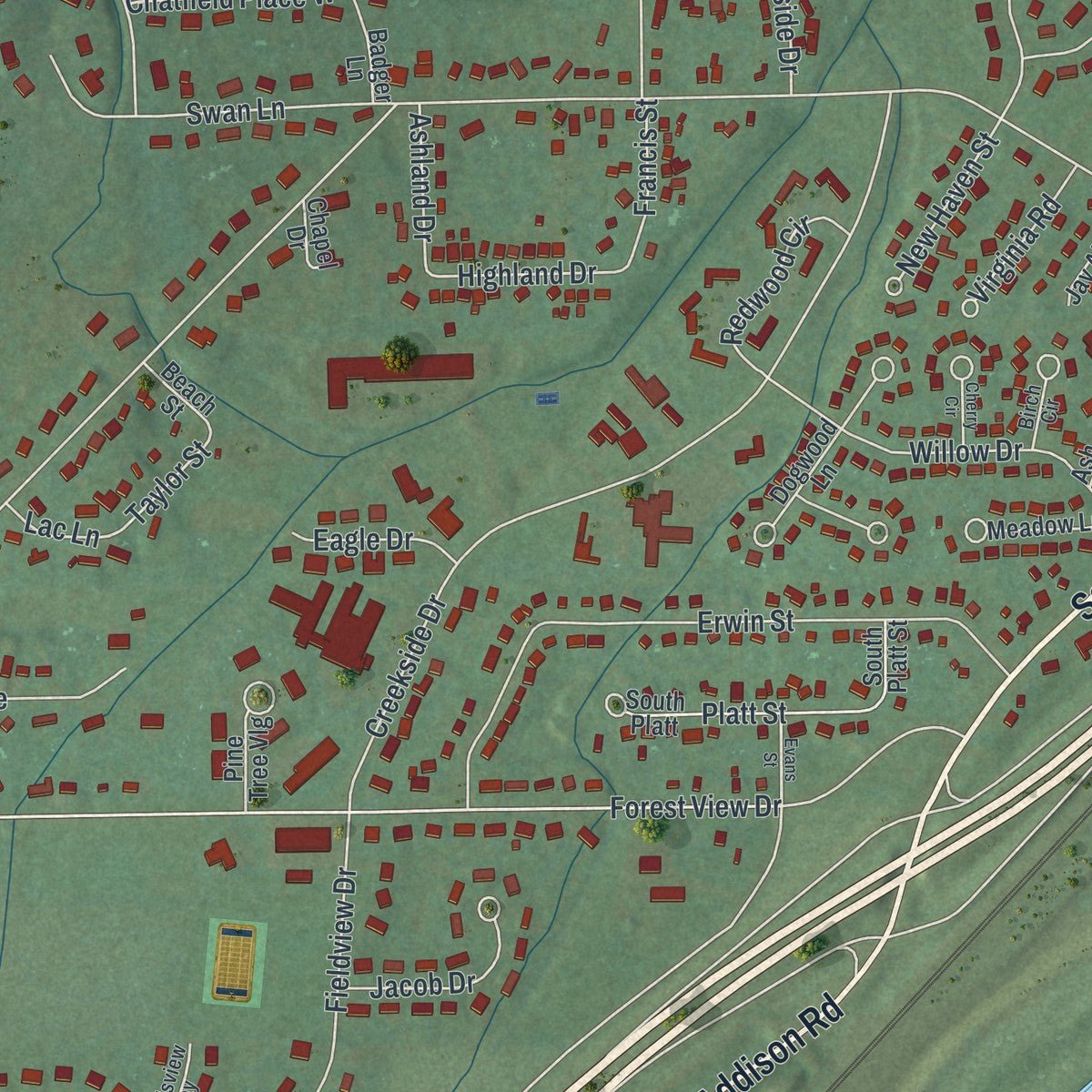 Close-up of the map of Gang Mills, New York print showing street and building detail