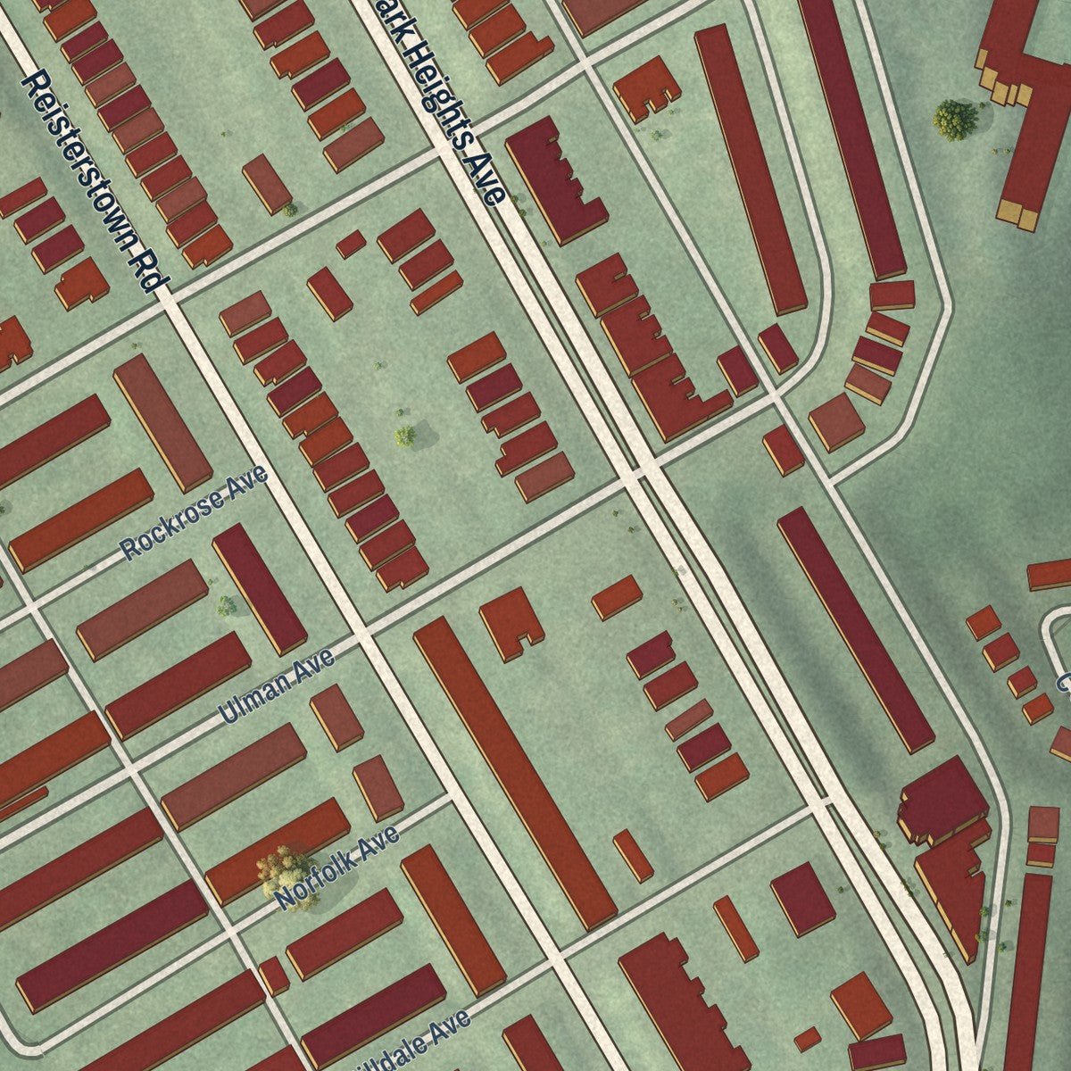 Close-up of the map of Park Circle, Maryland print showing street and building detail