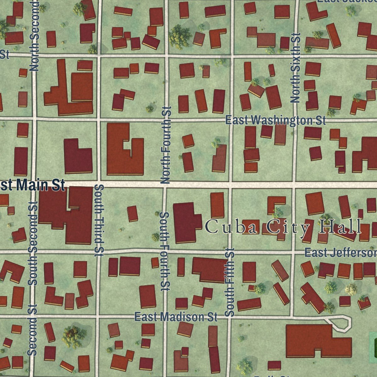 Close-up of the map of Cuba, Illinois print showing street and building detail
