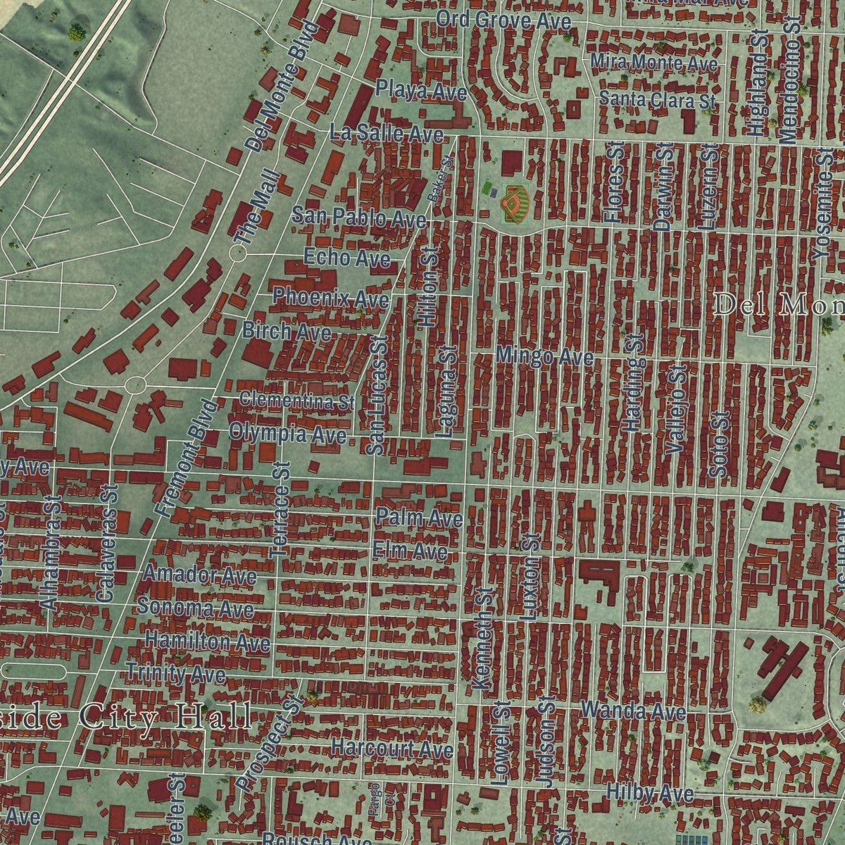 Close-up of the map of Seaside, California print showing street and building detail