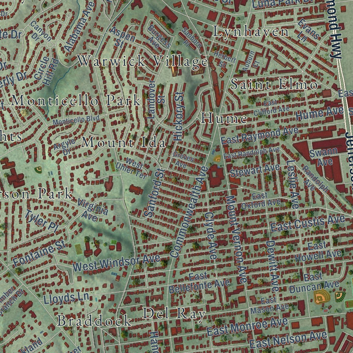 Close-up of the map of Alexandria, Virginia print showing street and building detail