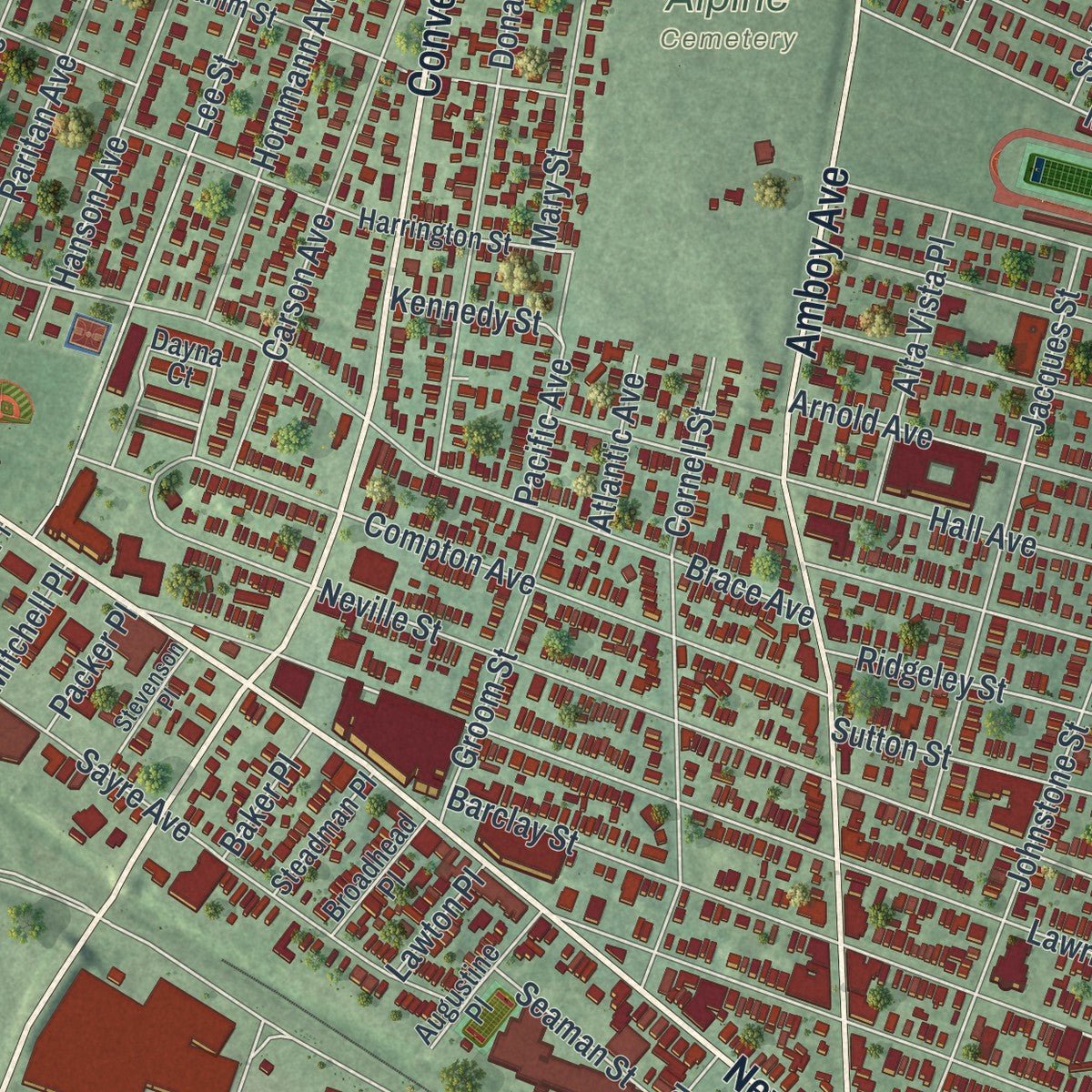 Close-up of the map of Perth Amboy, New Jersey print showing street and building detail