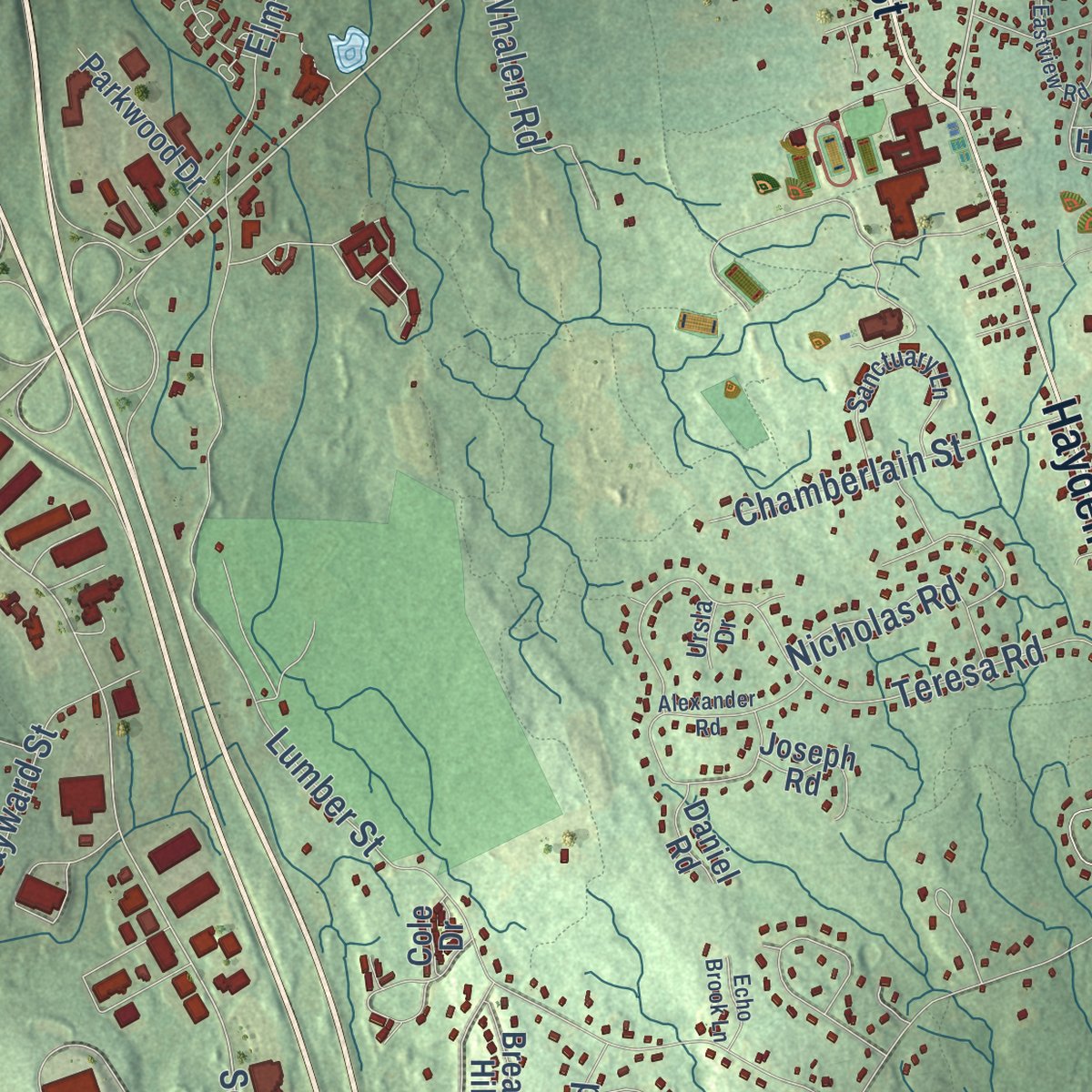 Close-up of the map of Hopkinton, Massachusetts print showing street and building detail