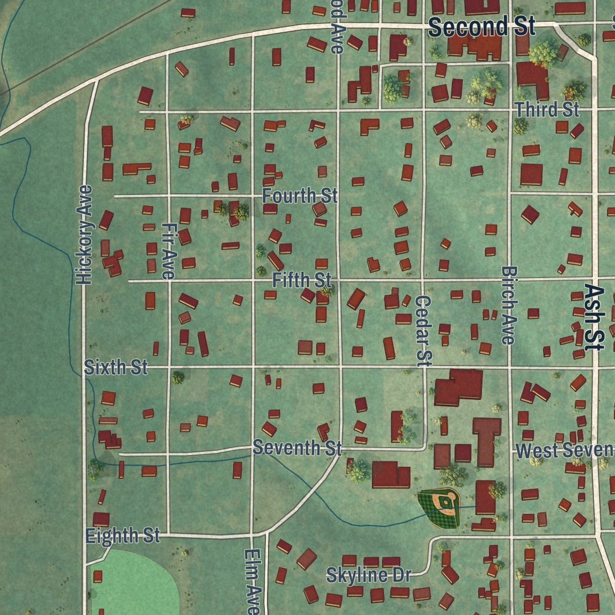 Close-up of the map of Wellston, Oklahoma print showing street and building detail