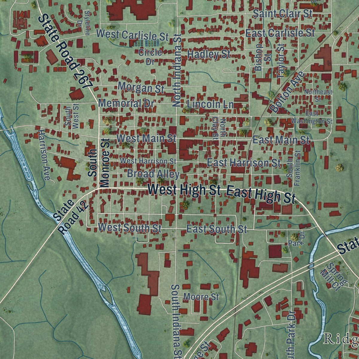 Close-up of the map of Mooresville, Indiana print showing street and building detail