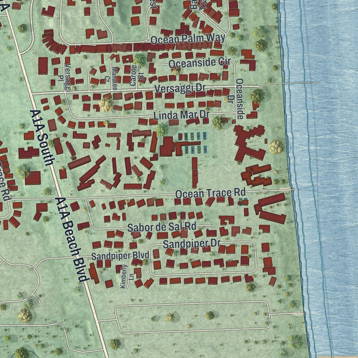Close-up of the map of St. Augustine Beach, Florida print showing street and building detail