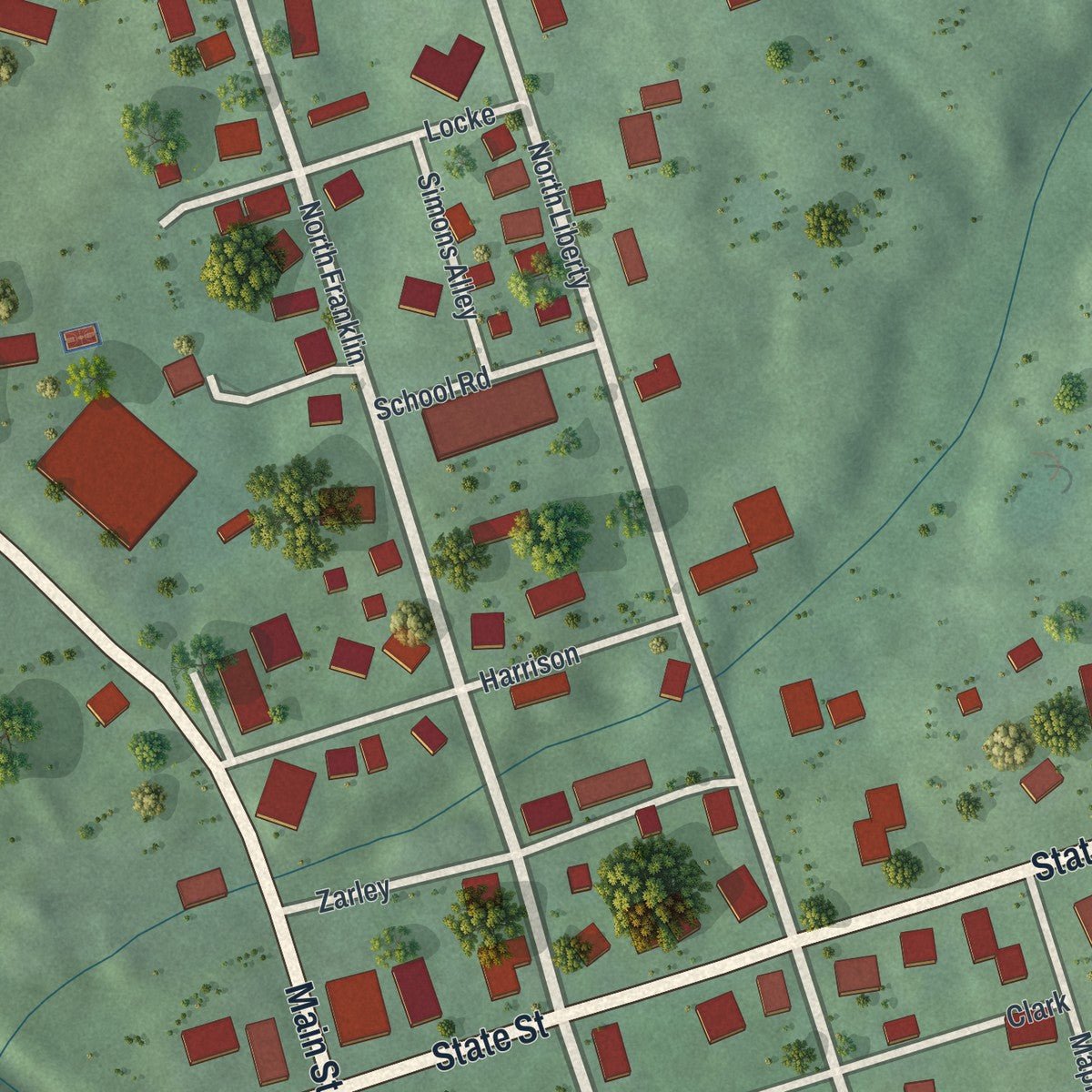 Close-up of the map of Amesville, Ohio print showing street and building detail