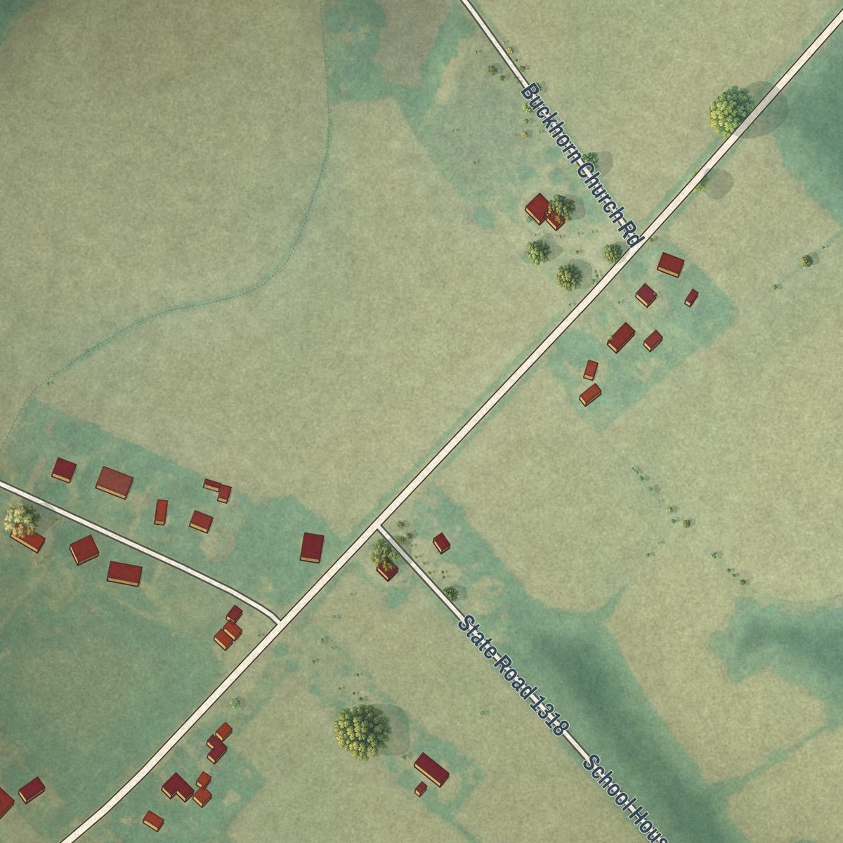Close-up of the map of Como, North Carolina print showing street and building detail