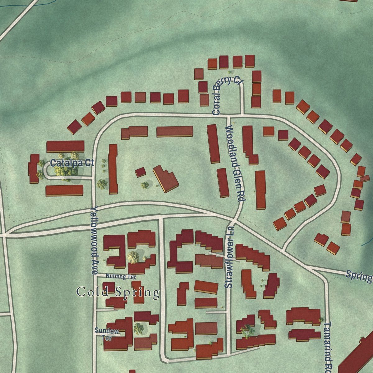 Close-up of the map of Coldspring, Maryland print showing street and building detail