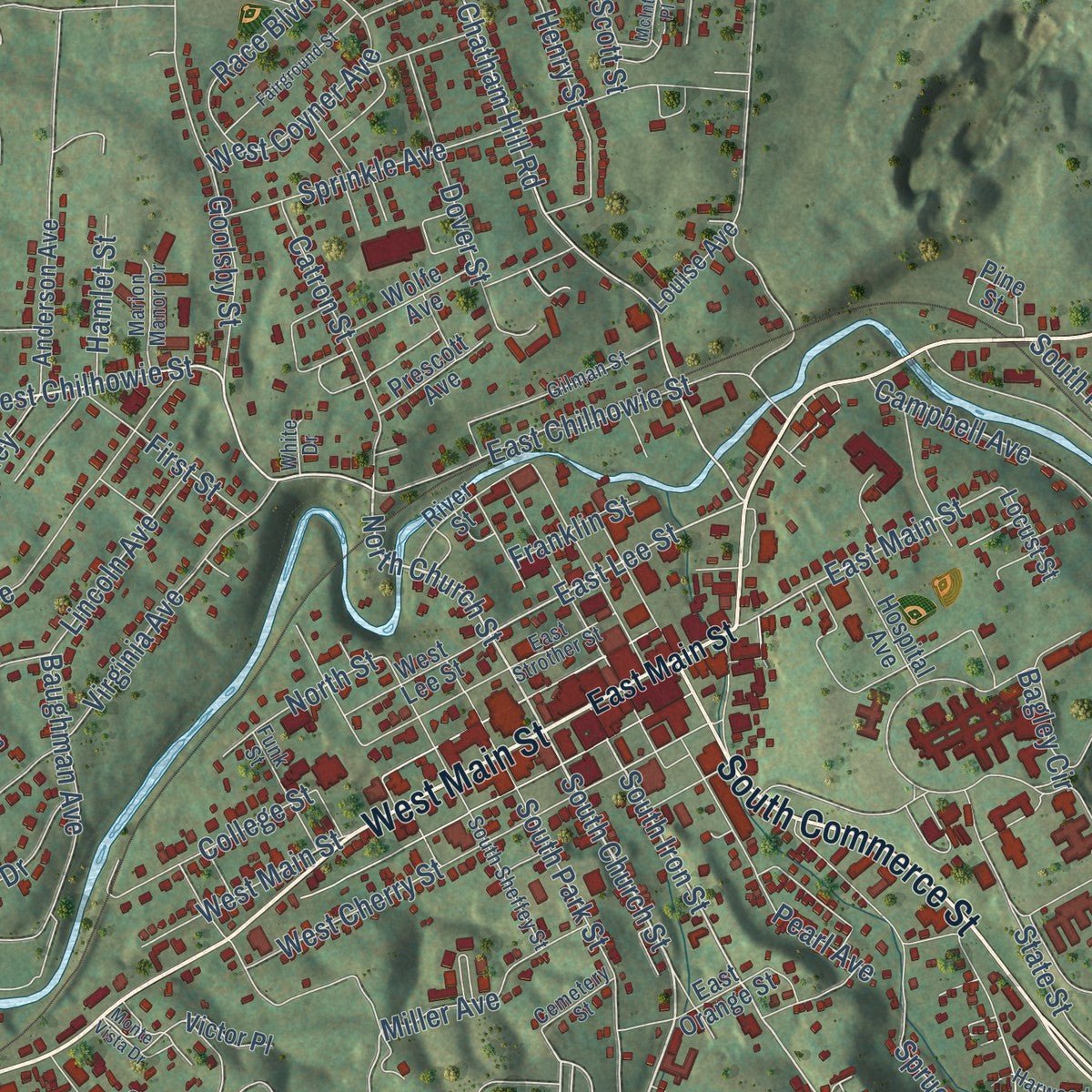Close-up of the map of Marion, Virginia print showing street and building detail