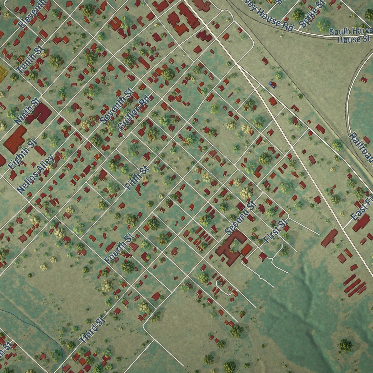 Close-up of the map of Somerville, Texas print showing street and building detail