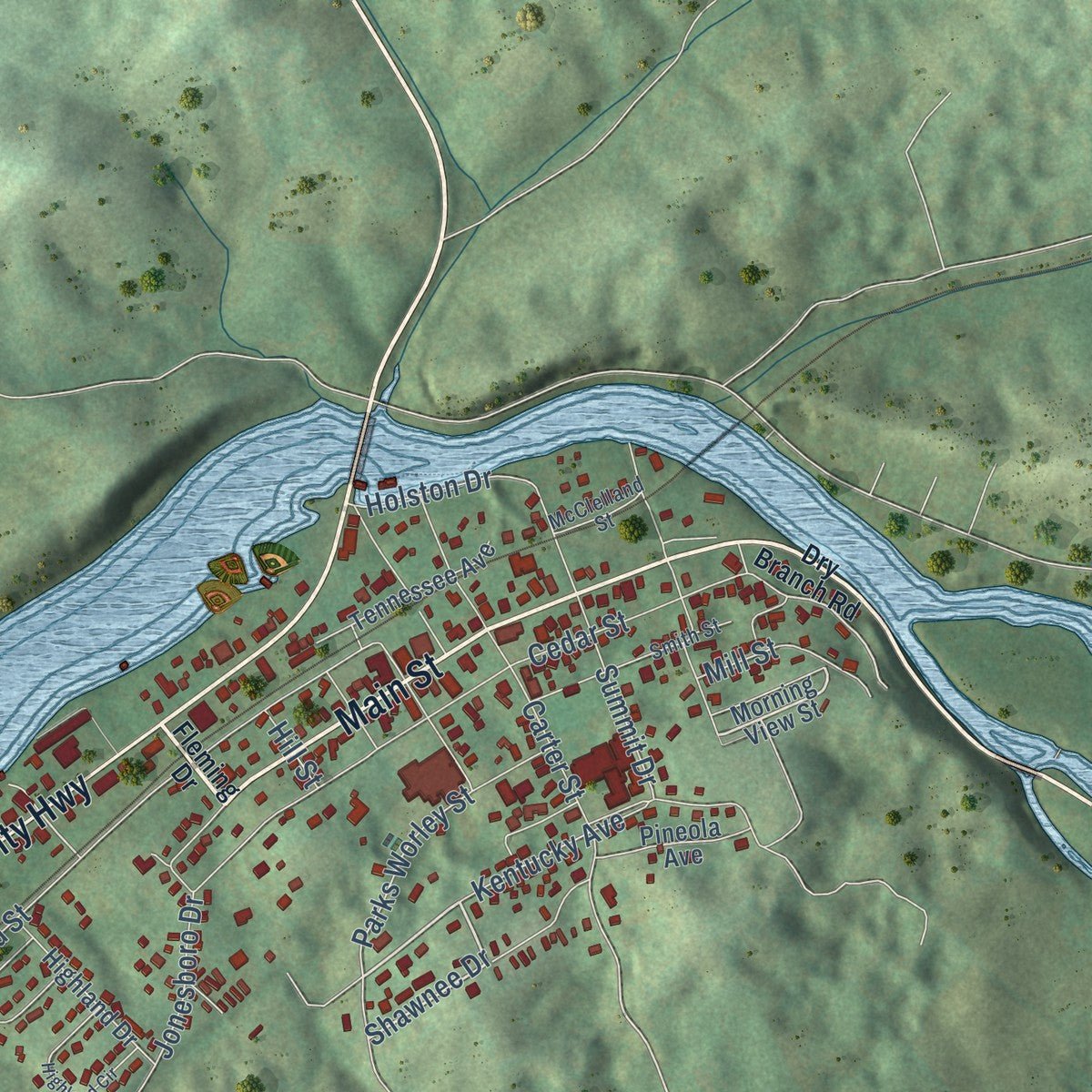 Close-up of the map of Bluff City, Tennessee print showing street and building detail