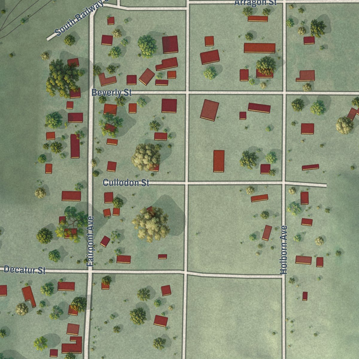 Close-up of the map of Danbury, Nebraska print showing street and building detail