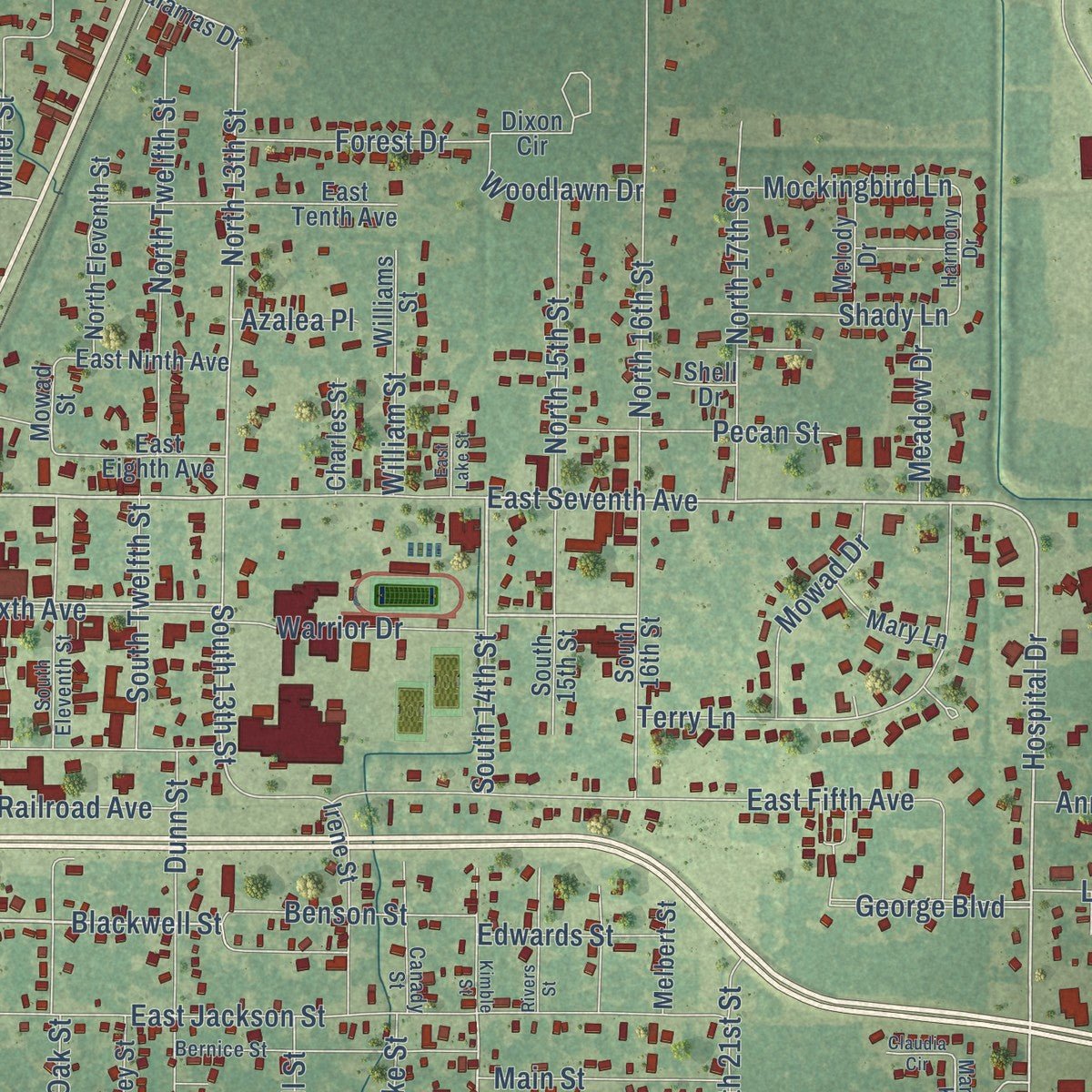 Close-up of the map of Oakdale, Louisiana print showing street and building detail