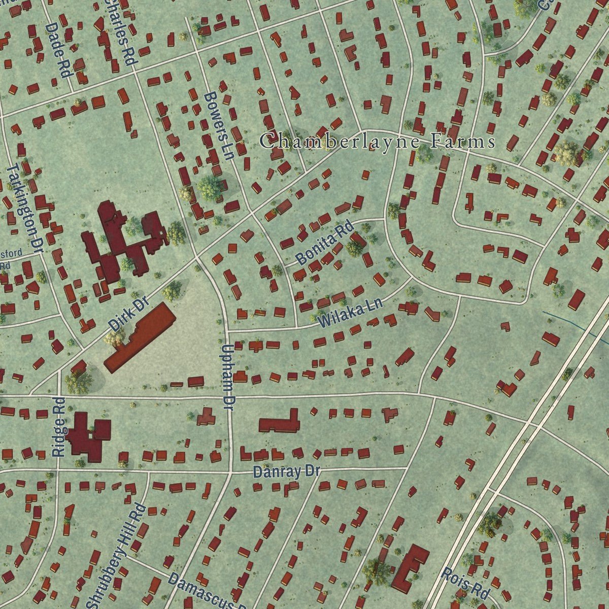 Close-up of the map of Chamberlayne, Virginia print showing street and building detail
