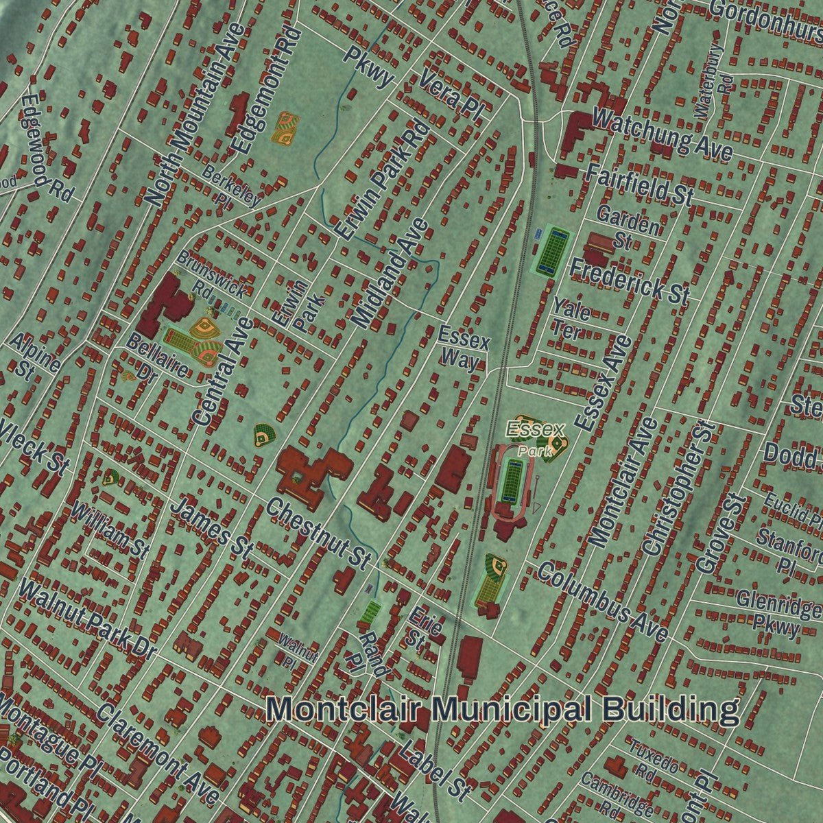 Close-up of the map of Montclair, New Jersey print showing street and building detail