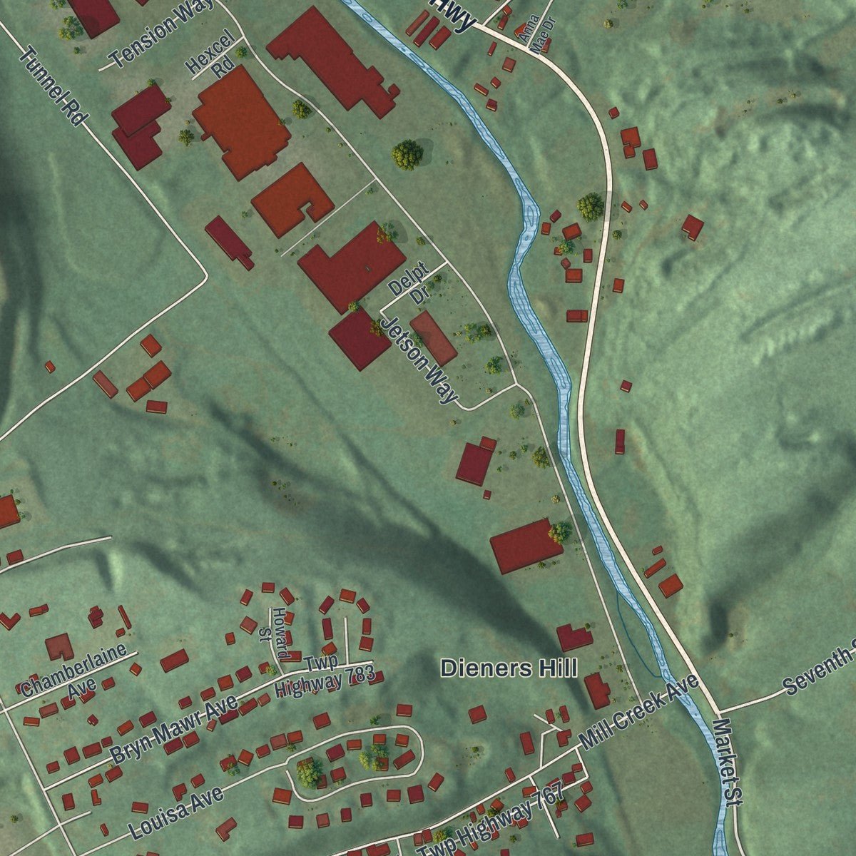 Close-up of the map of East Norwegian, Pennsylvania print showing street and building detail