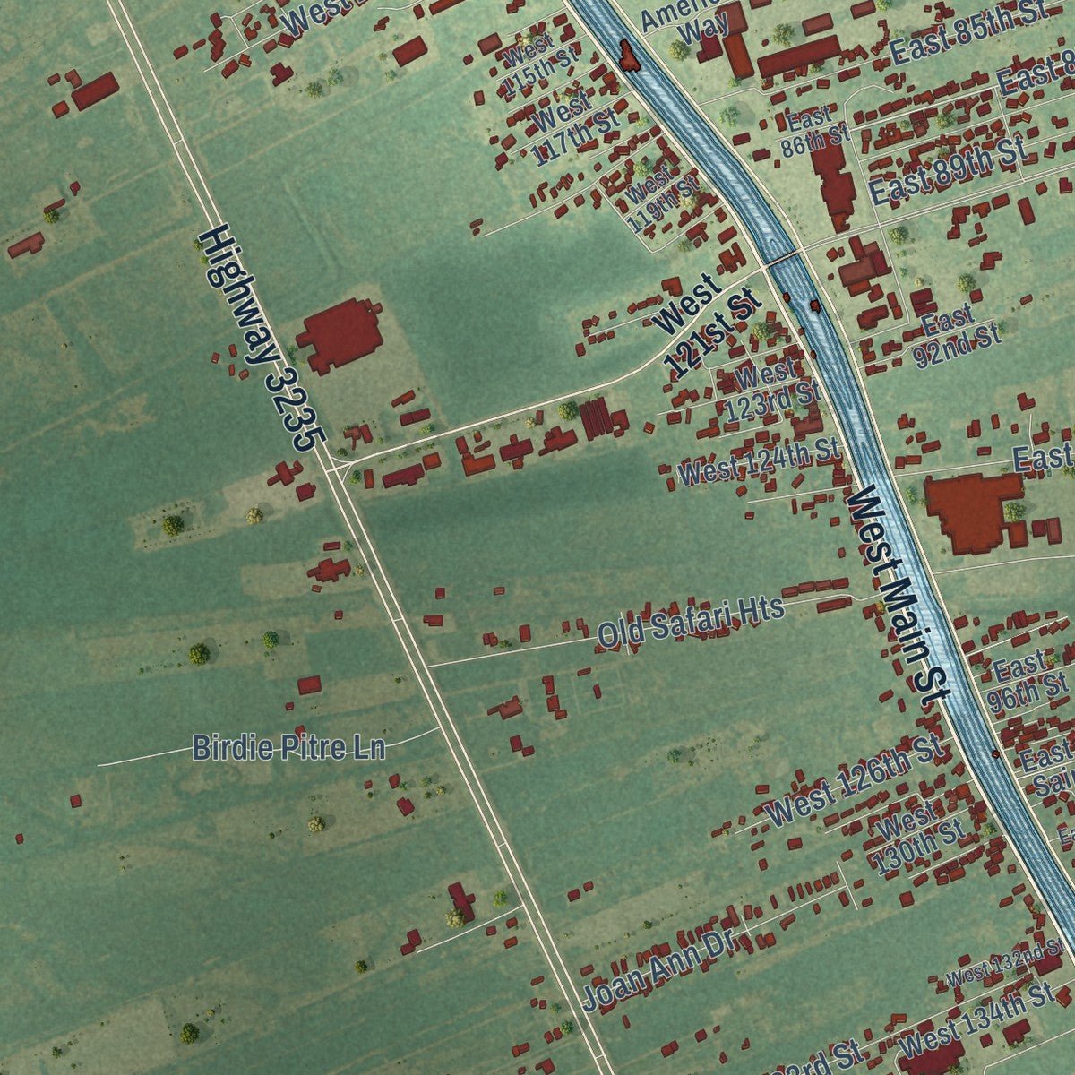 Close-up of the map of Galliano, Louisiana print showing street and building detail
