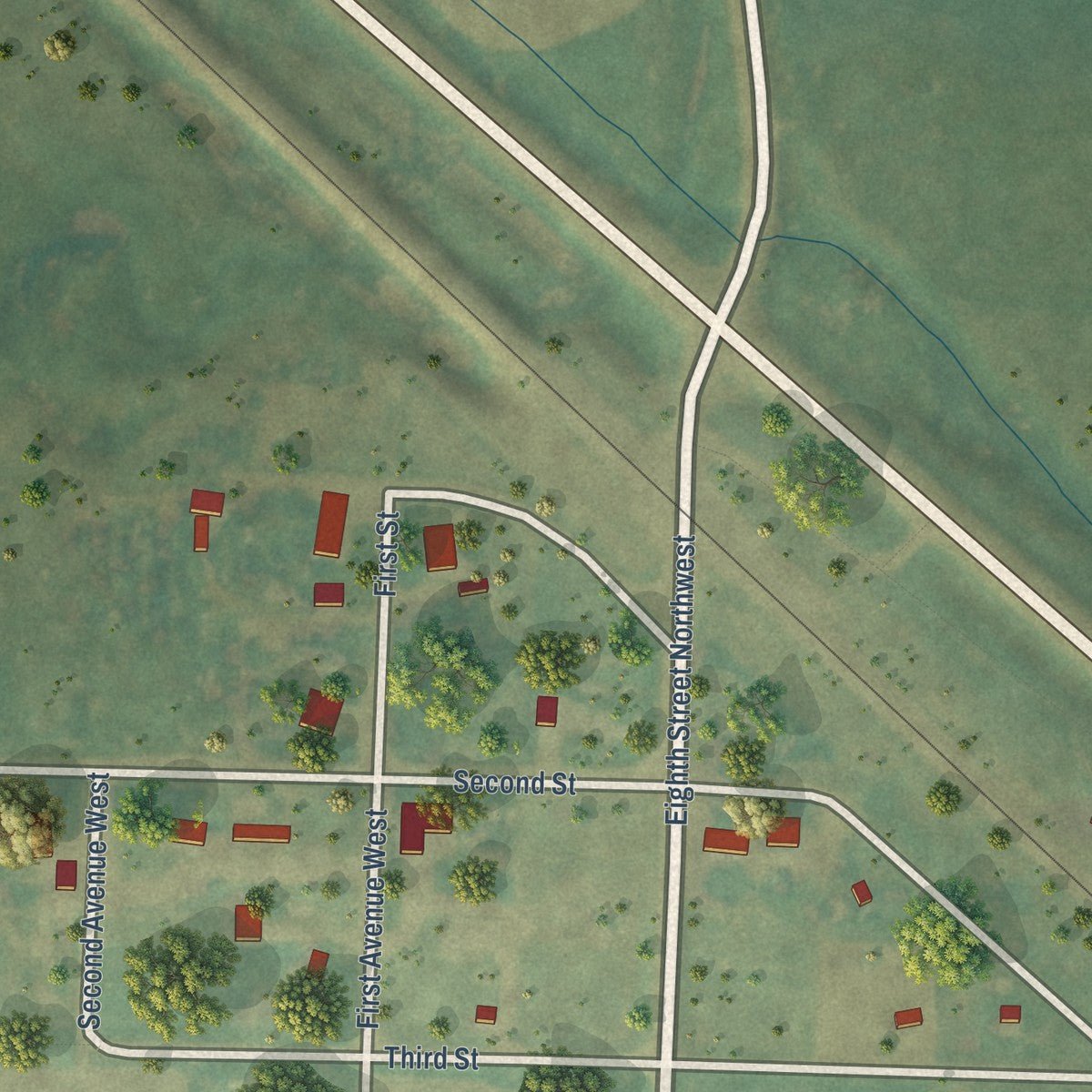 Close-up of the map of Bucyrus, North Dakota print showing street and building detail