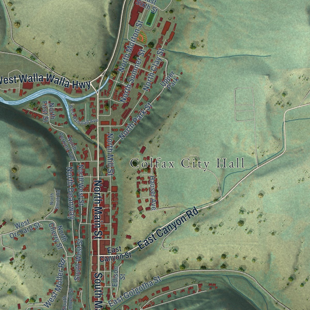 Close-up of the map of Colfax, Washington print showing street and building detail