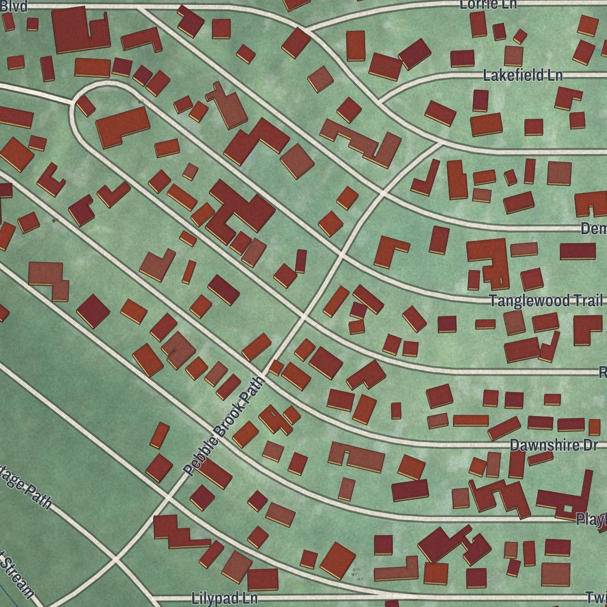 Close-up of the map of Gloria Glens Park, Ohio print showing street and building detail