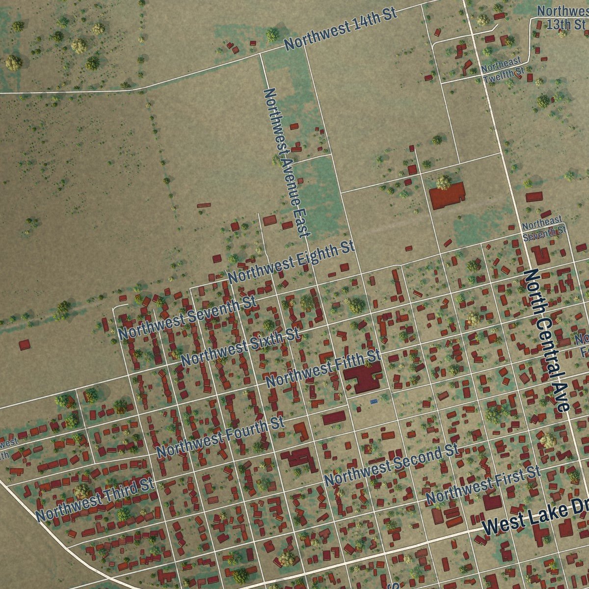 Close-up of the map of Hamlin, Texas print showing street and building detail