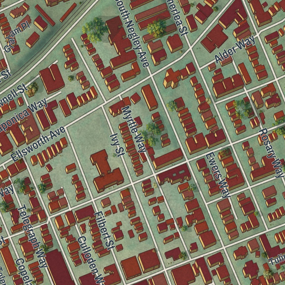 Close-up of the map of Shadyside, Pennsylvania print showing street and building detail