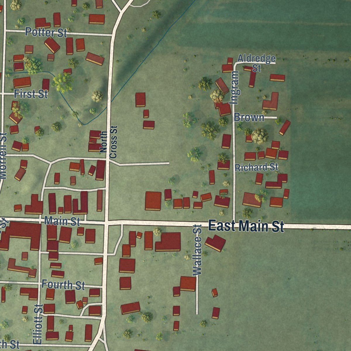 Close-up of the map of Crossville, Illinois print showing street and building detail