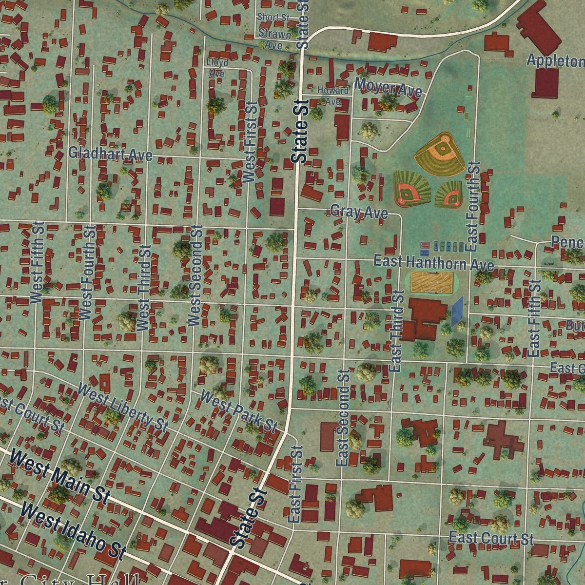 Close-up of the map of Weiser, Idaho print showing street and building detail