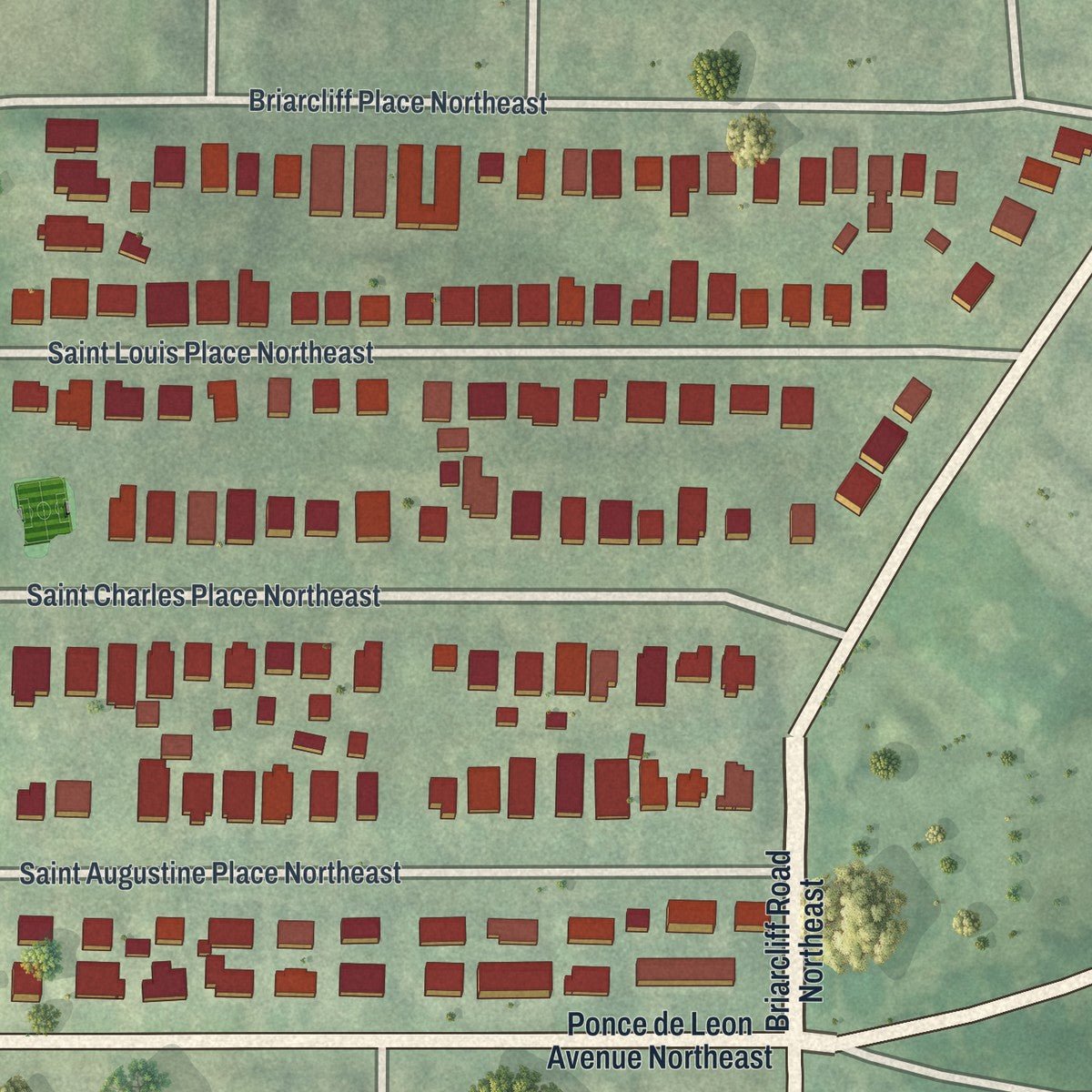 Close-up of the map of Atkins Park, Georgia print showing street and building detail