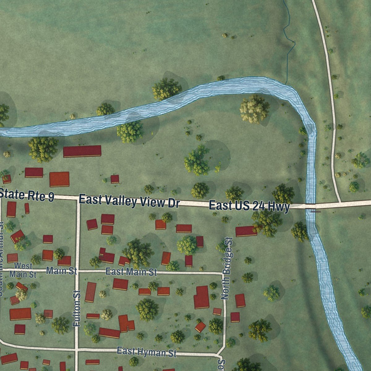 Close-up of the map of Banner, Illinois print showing street and building detail