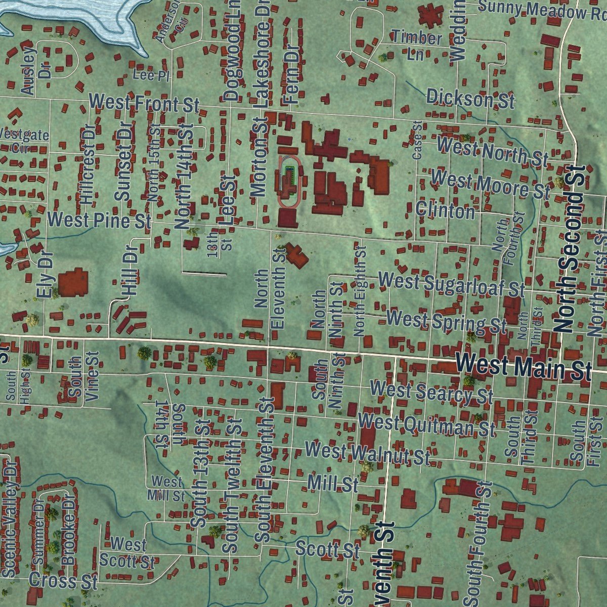 Close-up of the map of Heber Springs, Arkansas print showing street and building detail