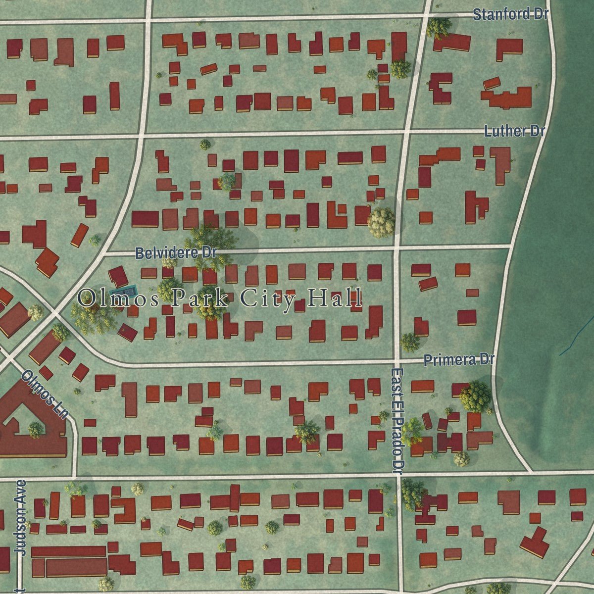 Close-up of the map of Olmos Park, Texas print showing street and building detail