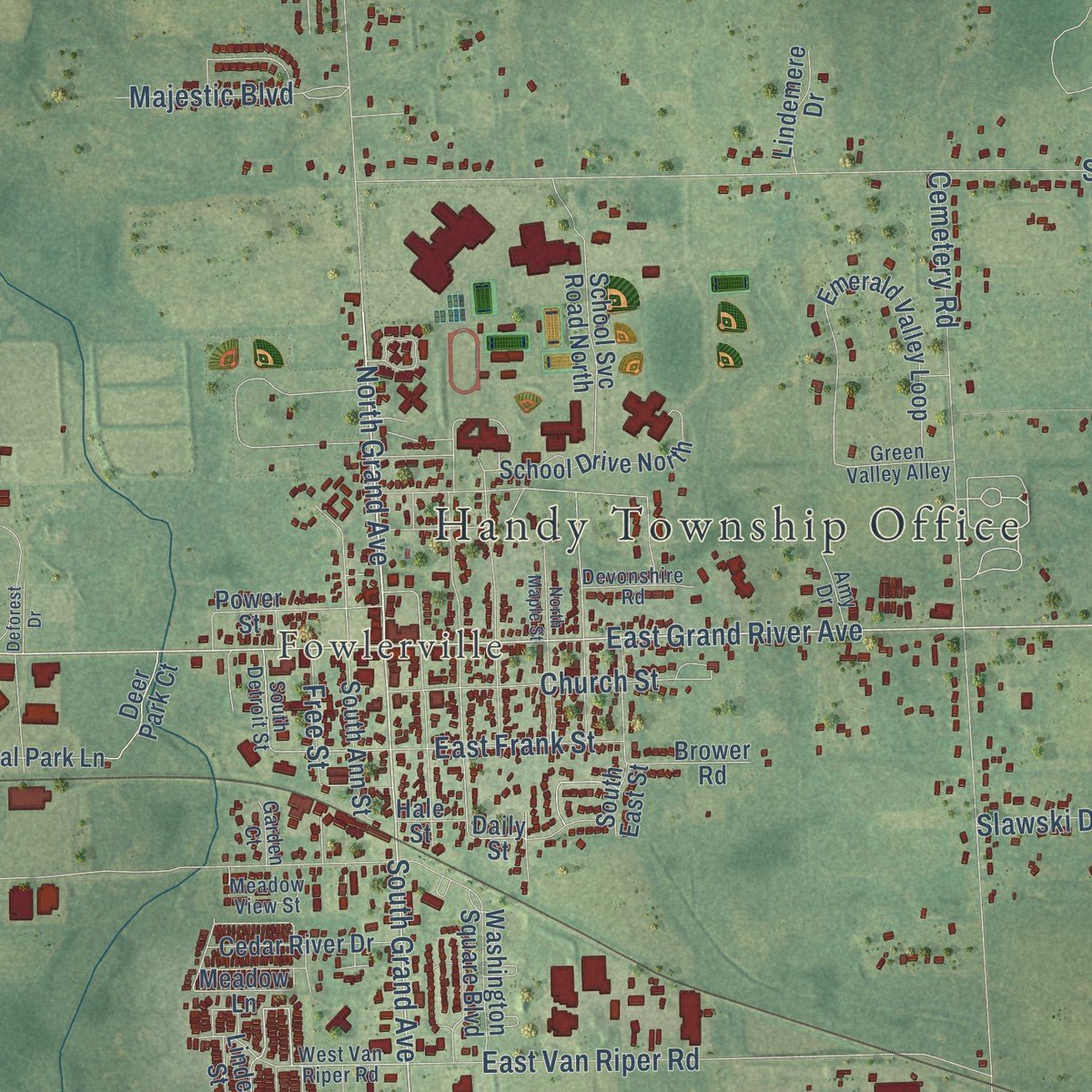 Close-up of the map of Handy, Michigan print showing street and building detail