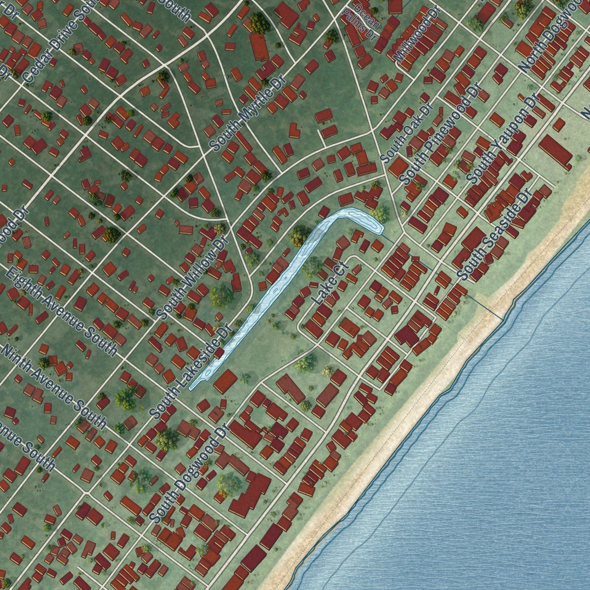 Close-up of the map of Surfside Beach, South Carolina print showing street and building detail