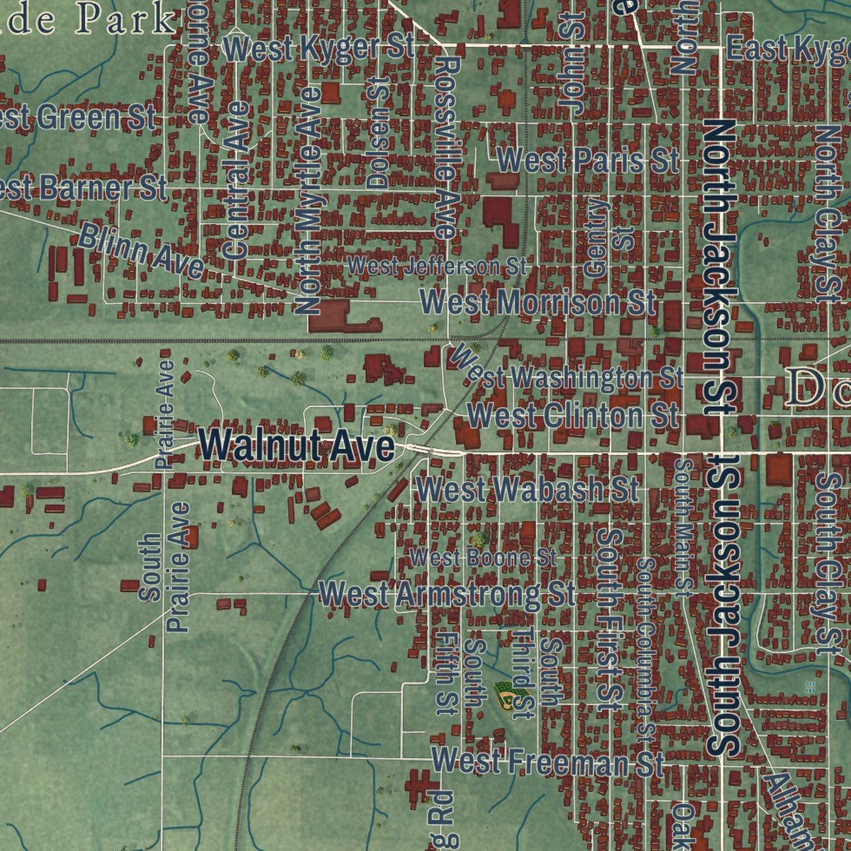 Close-up of the map of Frankfort, Indiana print showing street and building detail
