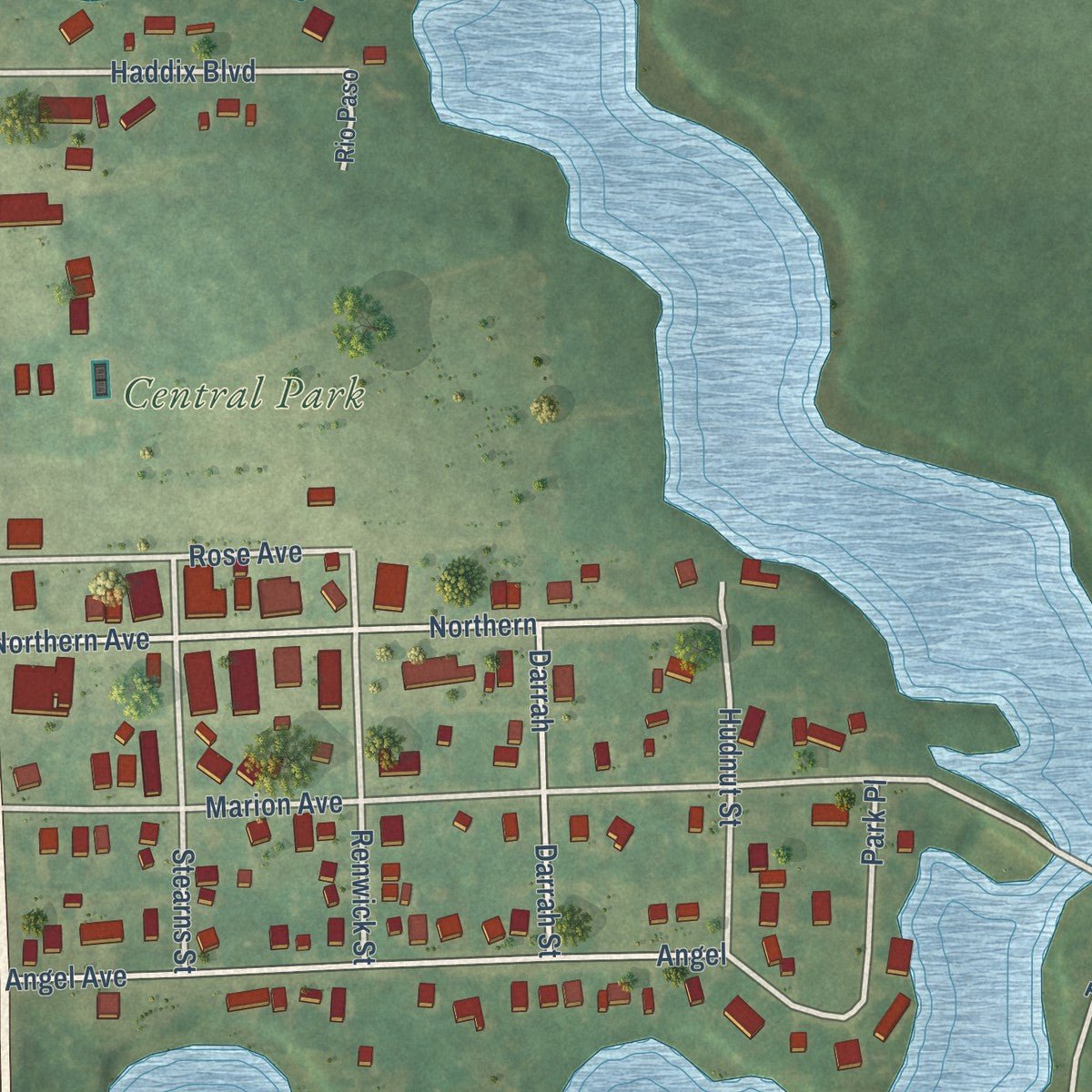 Close-up of the map of Barryton, Michigan print showing street and building detail