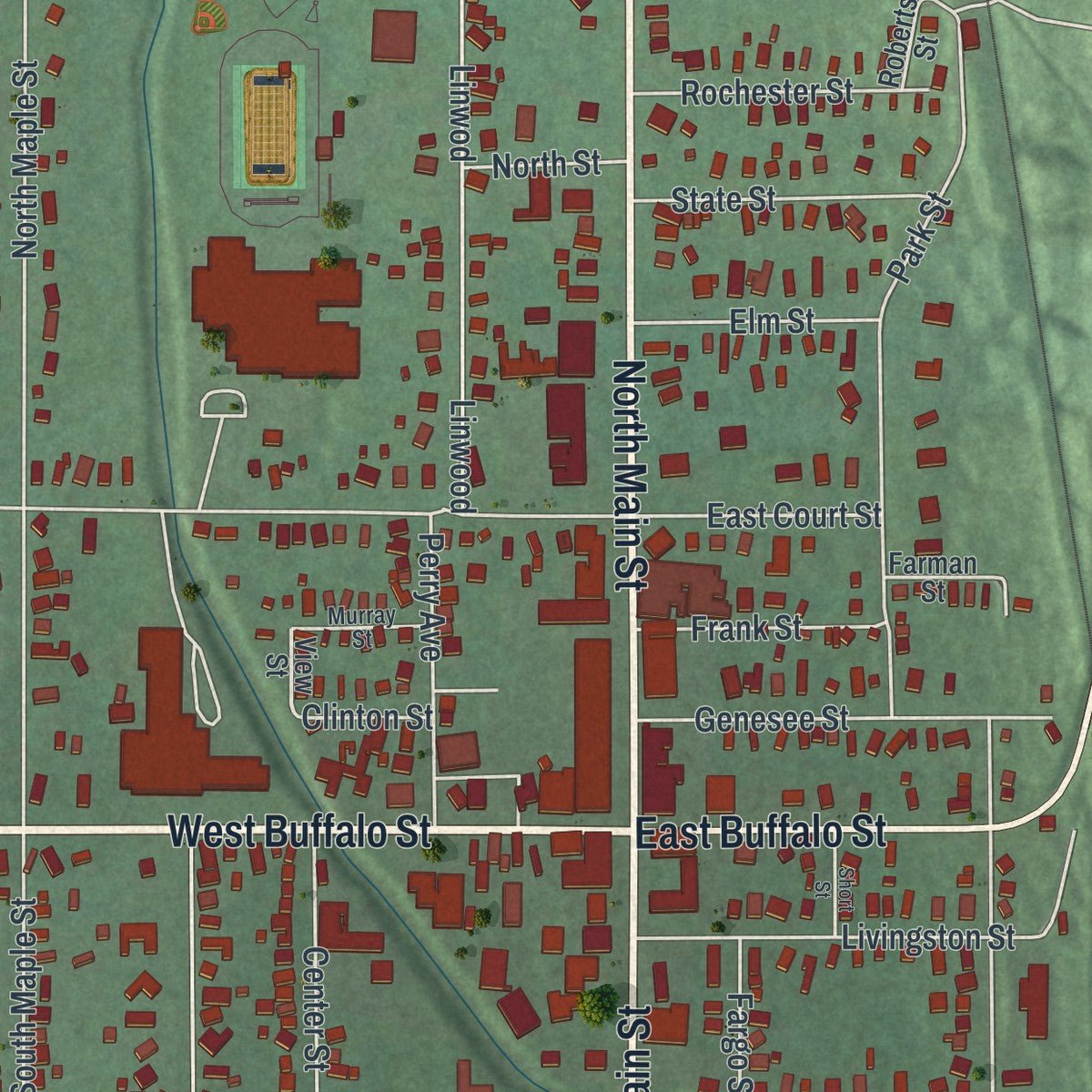 Close-up of the map of the Village of Warsaw, New York print showing street and building detail