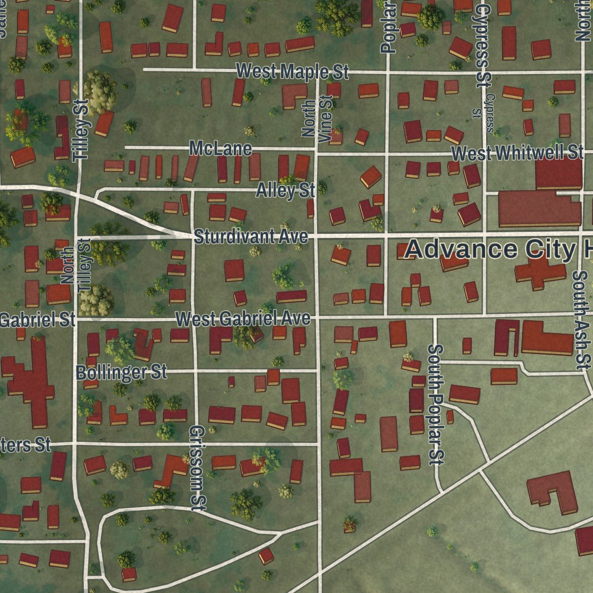 Close-up of the map of Advance, Missouri print showing street and building detail