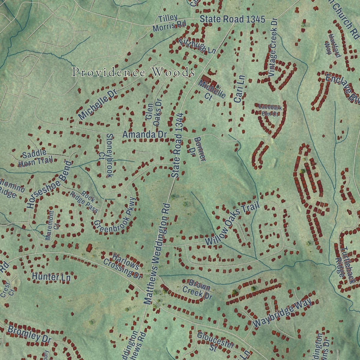Close-up of the map of Weddington, North Carolina print showing street and building detail
